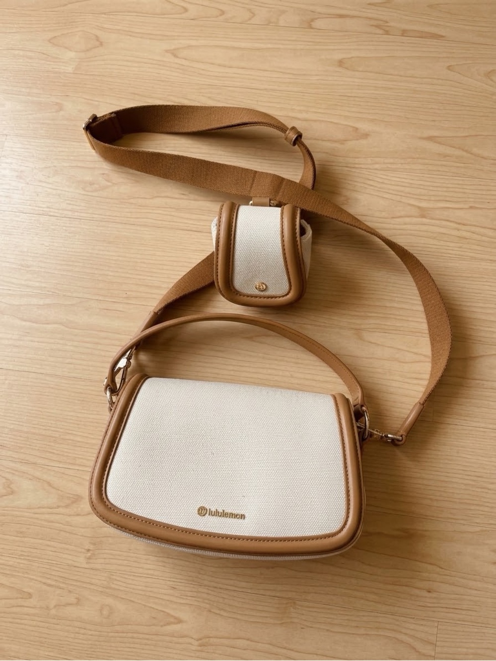 NWOT Lululemon Canvas Mini Bag in Natural/Chestnut Brown With Clip-On Pouch